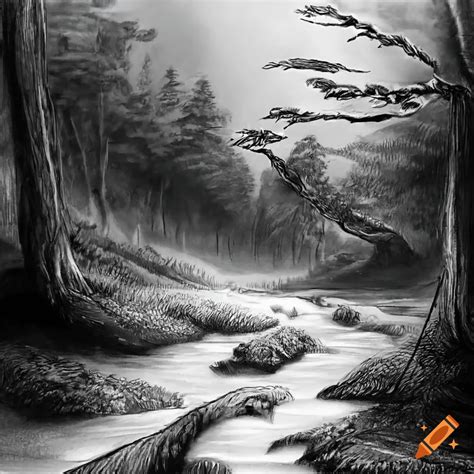 Detailed pencil drawing of a river in a forest on Craiyon