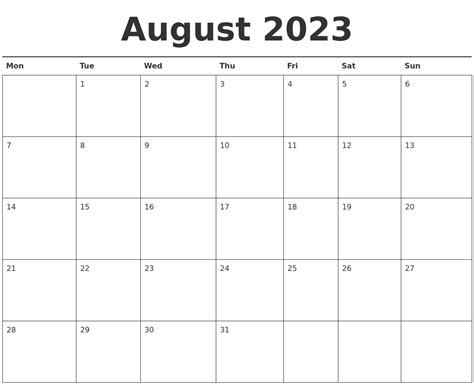 August 2023 Calendar Printable