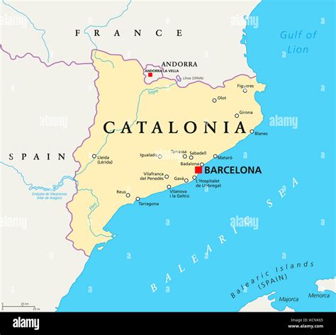 Catalonia political map with capital Barcelona, borders and important cities. Autonomous ...