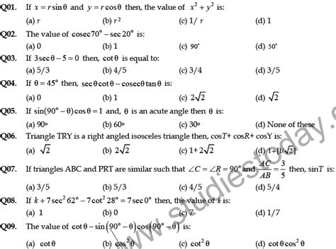 CBSE Class 10 Mathematics Application of Trigonometry MCQs, Multiple ...