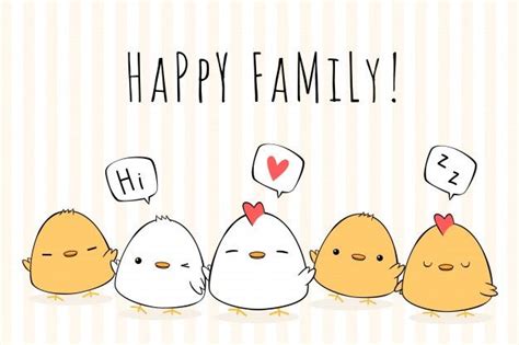 Premium Vector | Cute hand drawing chicken family on yellow striped background card cartoon ...