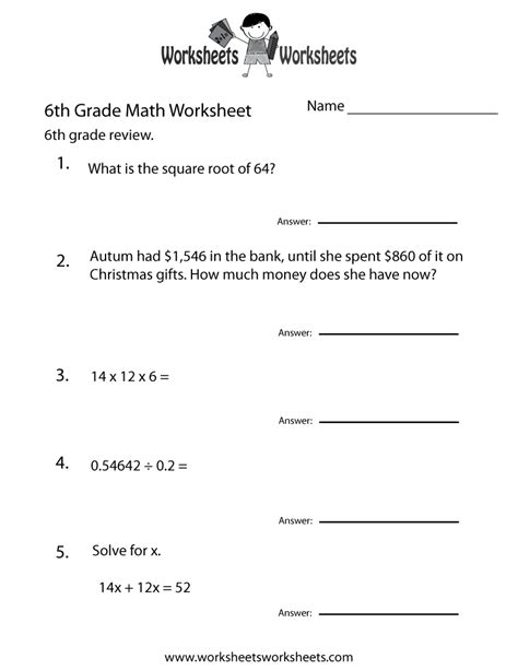 Free Printable Sixth Grade Math Practice Worksheet