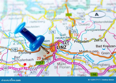 Linz on map stock image. Image of push, europe, shot - 122917717