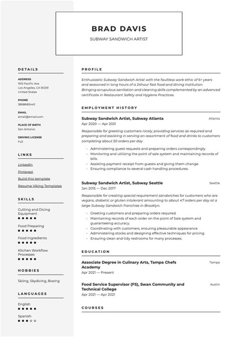 Subway Sandwich Artist Resume Examples & Guide | Free Downloads