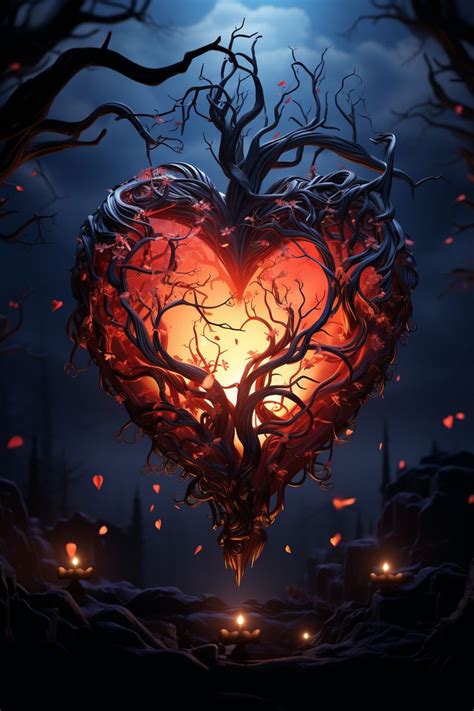 a heart - shaped tree in the middle of a forest at night with candles lit