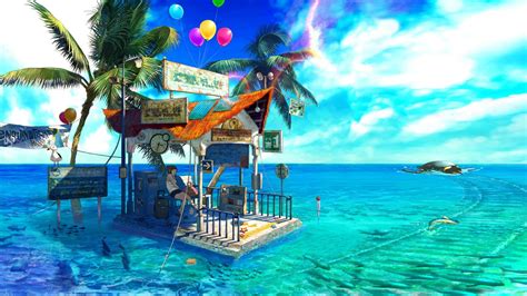 Wallpaper : fantasy art, sea, anime girls, swimming pool, resort, balloon, Caribbean, leisure ...