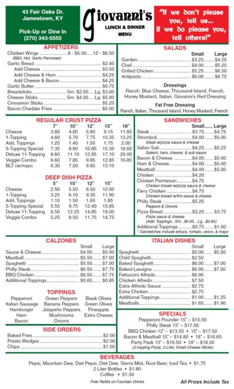 Giovanni's Pizza Menu, Menu for Giovanni's Pizza, Jamestown, Jamestown ...