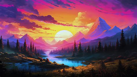 Mountain Sunset River Scenery 4K #1851n Wallpaper PC Desktop