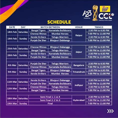 Celebrity Cricket League 2023 Schedule, Time Table