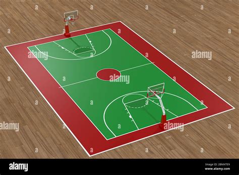 Basketball court with wooden floor, 3d rendering. Computer digital ...