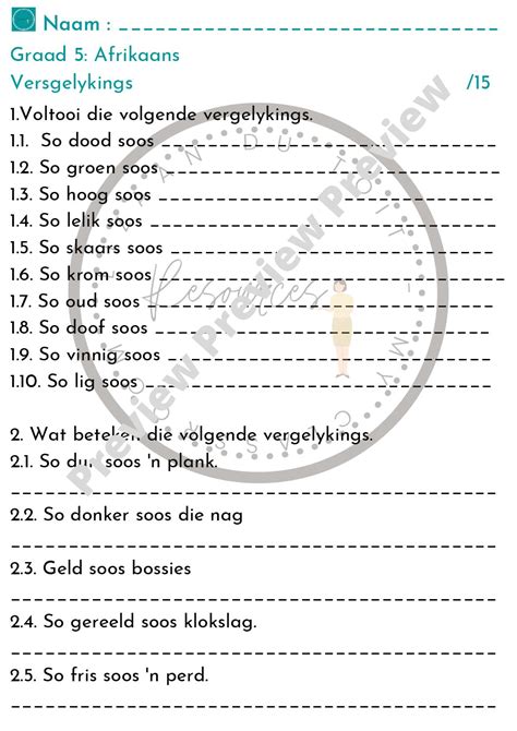 Afrikaans – Grade 5 Vergelykings • Teacha!