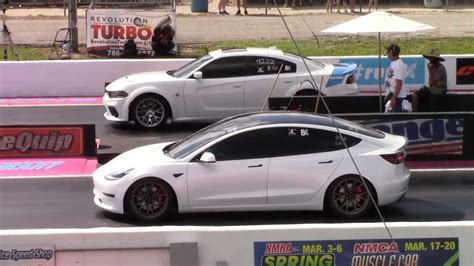 Tesla Model 3 Drag Races Charger Hellcat, Mustang In Close Battles