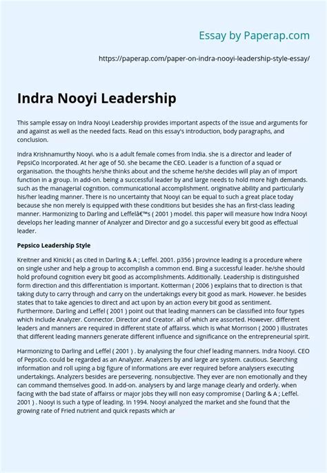 Indra Nooyi Leadership Free Essay Example