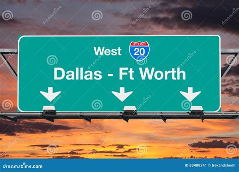 Dallas Ft Worth Interstate 20 West Highway Sign with Sunrise Sky Stock Image - Image of arrow ...