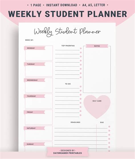 Weekly Student Planner Printable Pdf - Free Printable Worksheet