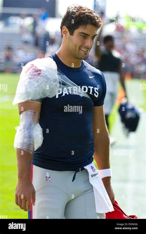 Gillette Stadium. 7th Aug, 2015. New England Patriots quarterback Jimmy Garoppolo (10) leaves ...