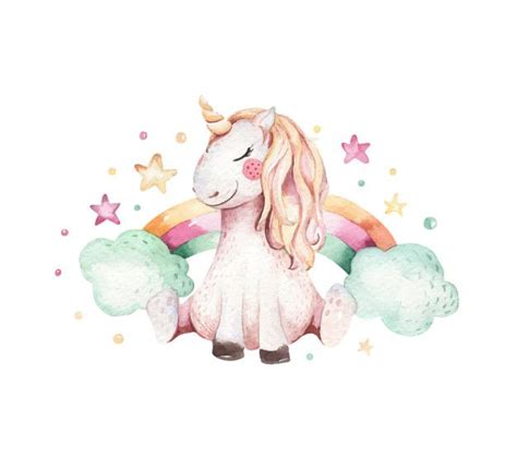 a watercolor drawing of a unicorn with stars and clouds