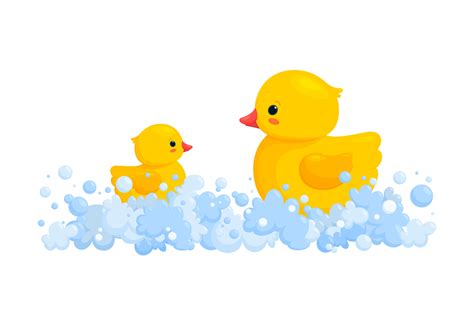 Rubber duck family in soap foam isolated in white background. Side view of yellow plastic duck ...
