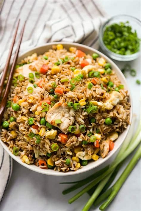 Easy, quick and flavorful rice stir fry with chicken pieces, egg and ...