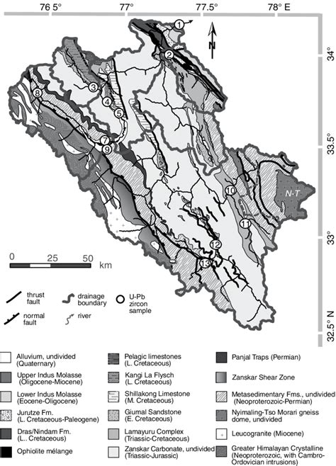 Simplified geologic map of the Zanskar River basin after Fuchs (1987)... | Download Scientific ...