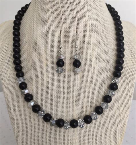 Black Bead Necklace Gift Set, Black Pearl Rhinestone Necklace, Black Pearl Earrings, Black ...