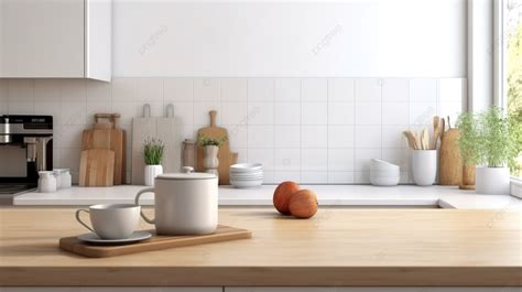 Empty Surface On Kitchen Counter In Warm And Inviting Scandinavian Style Kitchen 3d Rendering ...