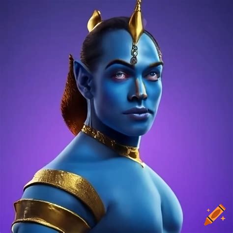 Blue-skinned androgenous genie emerging from golden lamp