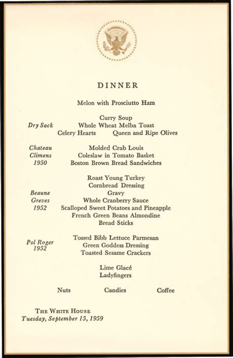 September 1959 State Dinner Menu - White House Historical Association