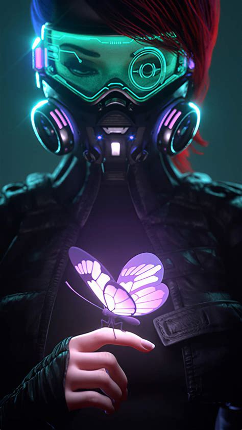 Cyberpunk Girl in a Gas Mask Looking at the Glowing Butterfly iPhone ...