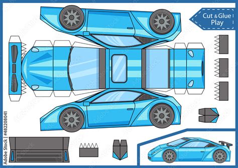 Fototapeta Craft cut and glue paper car. Create papercraft 3d toy. Birthday template worksheet ...