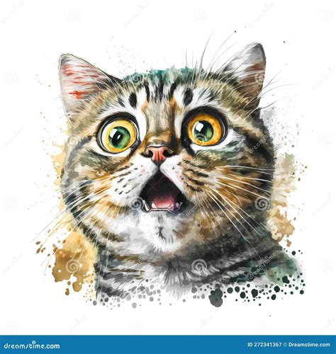 Cat with Funny Face Watercolor Illustration. T-shirt Graphics Stock Illustration - Illustration ...