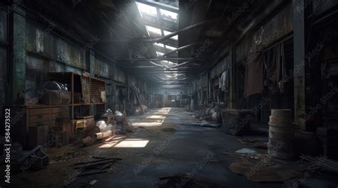 creepy interior of an abandoned warehouse background, concept art, digital illustration, haunted ...