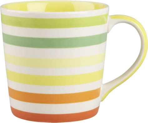 a multicolored striped coffee cup on a white background