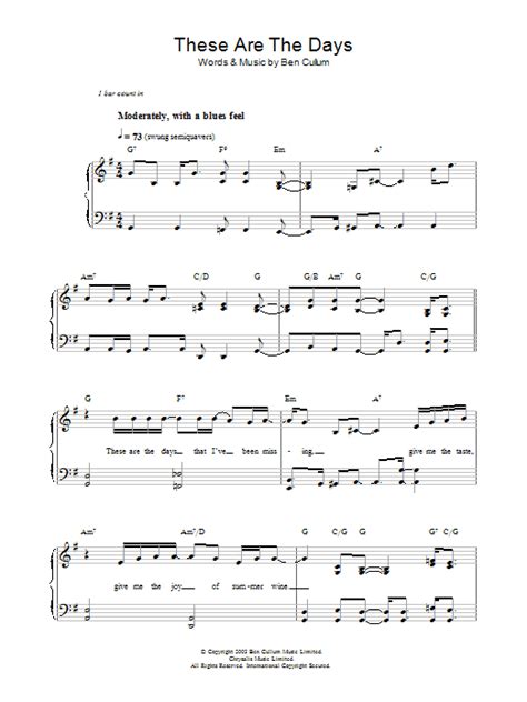 These Are The Days by Jamie Cullum Sheet Music for Piano, Vocal & Guitar Chords at Sheet Music ...