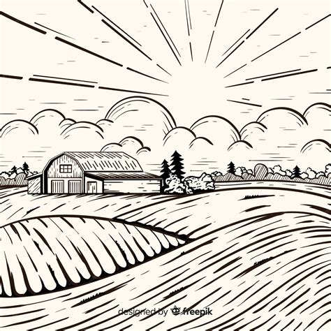 Premium Vector | Farm landscape in hand drawn style