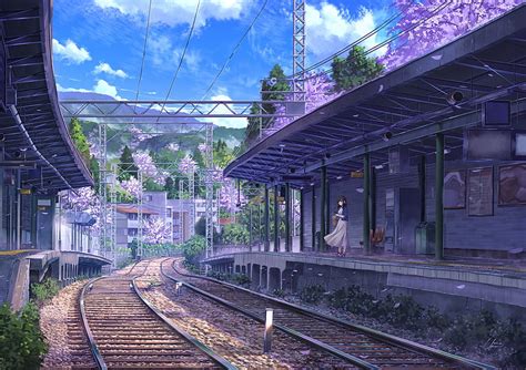 Anime train station, girl, summer, purple flowers, Anime, HD wallpaper ...