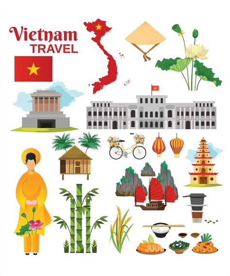 viajar a Vietnam. conjunto de símbolos culturales vietnamitas tradicionales. puntos de ...