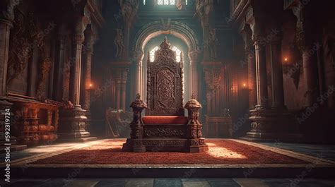 Medieval room, throne hall interior. Full of light cinematic light ...