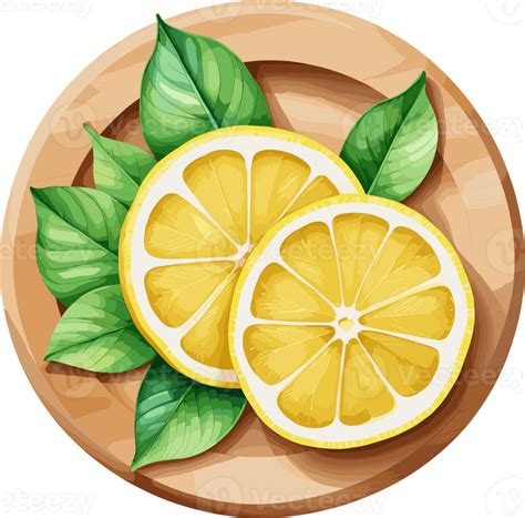 Fresh lemon slices in a wooden dish isolated cartoon illustration on ...