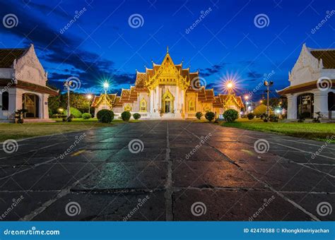 Thai Temple at Night, Wat Benchamabophit in Bangkok, Thailand Stock ...