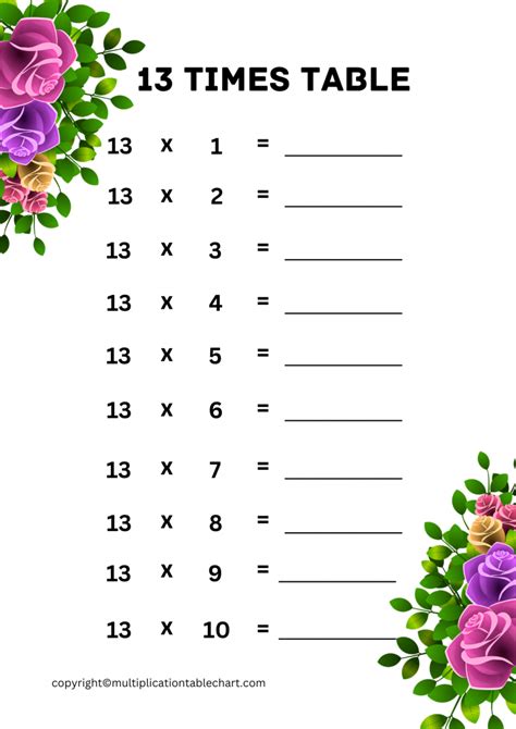 13 Times Table Worksheet | Multiplication Table