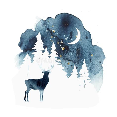 Vector Silhouette of Reindeer. Watercolor Winter Landscape with ...