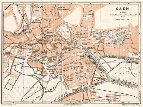 Old map of Caen in 1909. Buy vintage map replica poster print or download picture