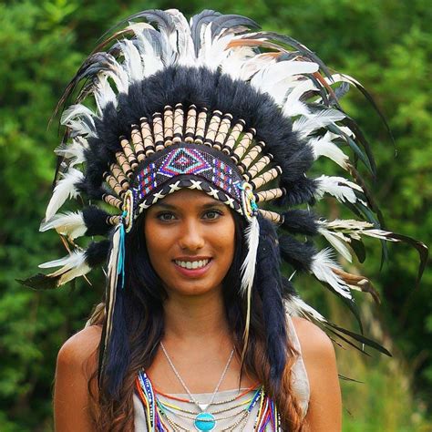 Black and White Mixed-Feathers Native American Headdress - 75cm – Indian Headdress - Novum Crafts