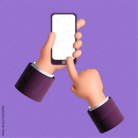 Two office mans hands holdings smartphone with white screen mockup 3d vector design illustration ...
