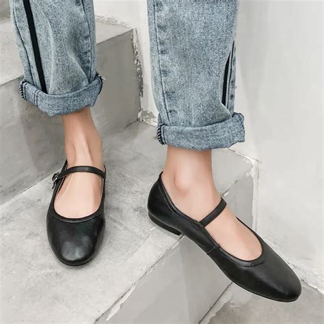 YMECHIC 2019 Soft Real Leather Women Flats Black Beige Casual Buckle Mary Jane Shoes Summer ...
