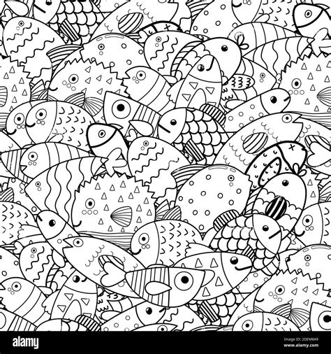 Doodle fish black and white seamless pattern. Sea life coloring page Stock Vector Image & Art ...