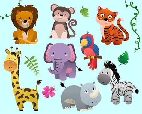 Cute Jungle Animals Clip Art Set of 14 PNG JPG and Vector | Etsy