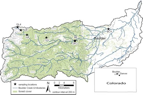 Map of the Boulder Creek, Colorado, watershed. Sampling took place at 7 ...