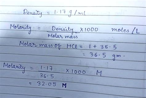 Calculate the molarity of HCl of density 1.17g/ml.